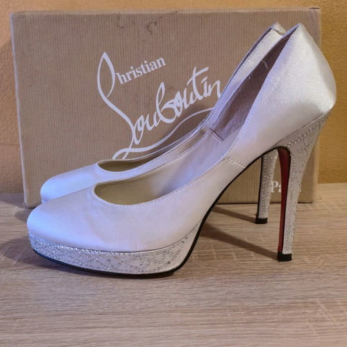 Christian Louboutin women's ivory satin high heels with Swarovski crystals