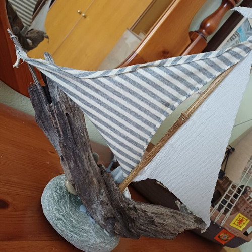 Handmade decorative ship from driftwood and pebbles, new