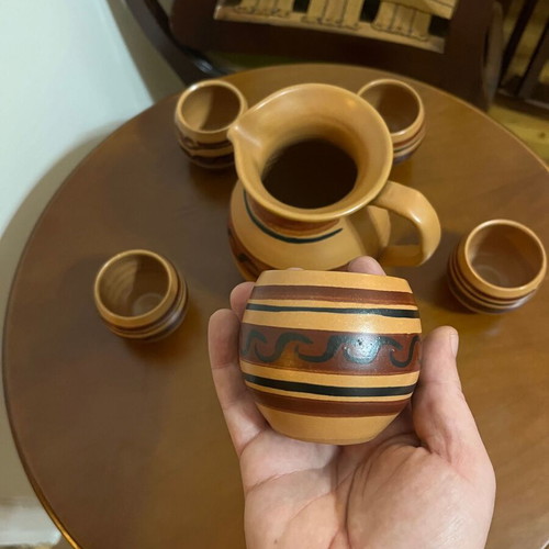 Clay wine set used with jug and 5 glasses