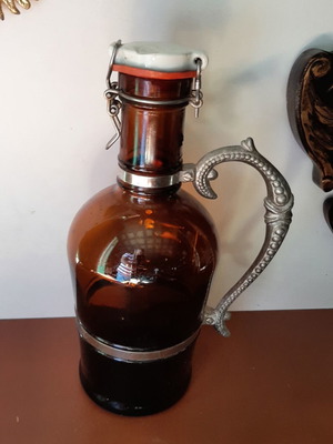 German vintage beer bottle growler with metal handle