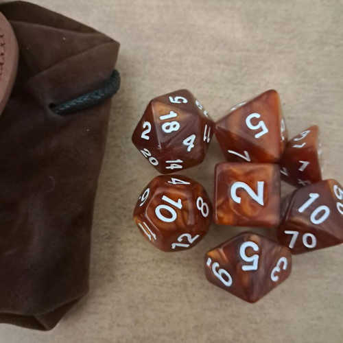Runic dice bag with brown marbled D&D dice set