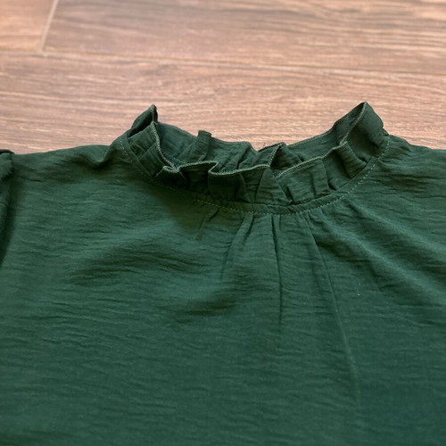Blouse dark green size S like new with ruffle neck and cuffs