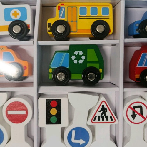 Set of wooden vehicles and road signs new