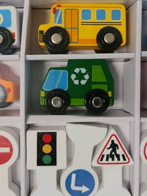 Set of wooden vehicles and road signs new