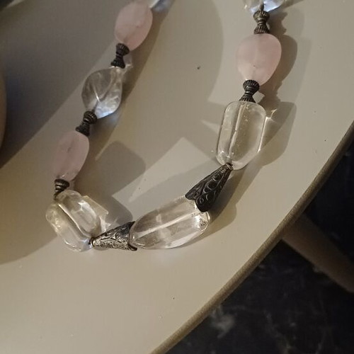 Quartz necklace like new with large white and pink stones and silver clasp