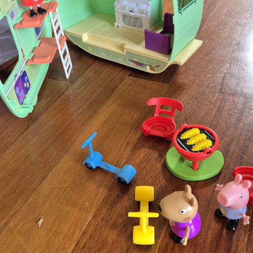 Peppa the Pig toys used with caravan, wooden house and George bag