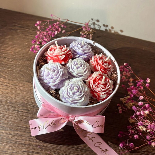 Mini Flower Box with 7 Peony Candles Lilac and Red