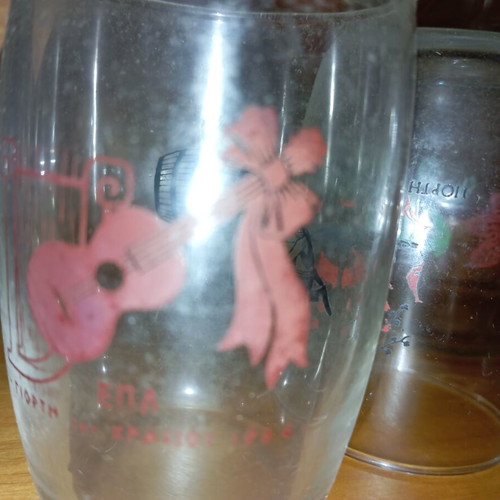 Wine bottles and painted wine glasses like new, set of 7+14