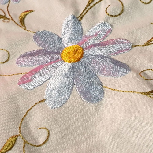 Vintage white tablecloth with floral embroidery and lace trim, 117x115cm