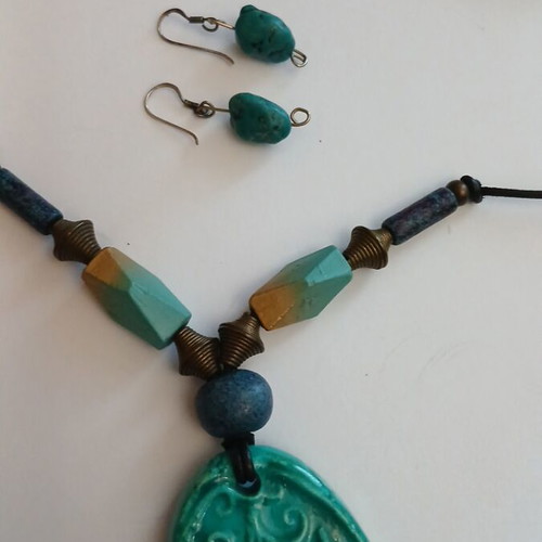 Handmade Boho Necklace with Embossed Ceramic Pendant, turquoise, 44 cm