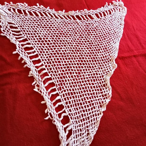 Vintage handmade triangular crochet shawl with fringes, like new, beige