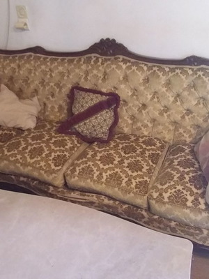 Antique living room set used from 1950 with marble tables and carved wooden frame
