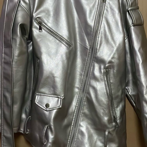 Silver faux leather jacket new with belt and tabs