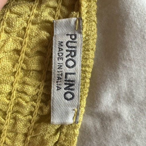 Yellow linen Italian dress midi with slit and wooden buttons, like new