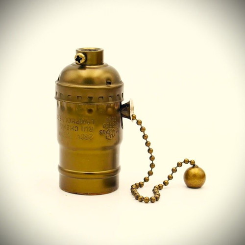 E27 Lamp Socket with Chain Switch New, Antique Bronze Copper Style 1920s