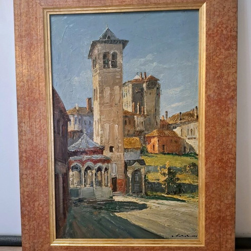 Oil painting by Armeno Mattioli like new, Mount Athos landscape 50x40 cm