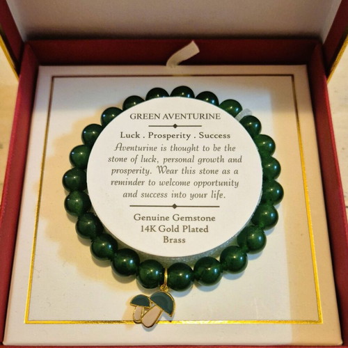 Unisex Bracelet with Green Onyx and 14K Gold-Plated Brass Mushrooms