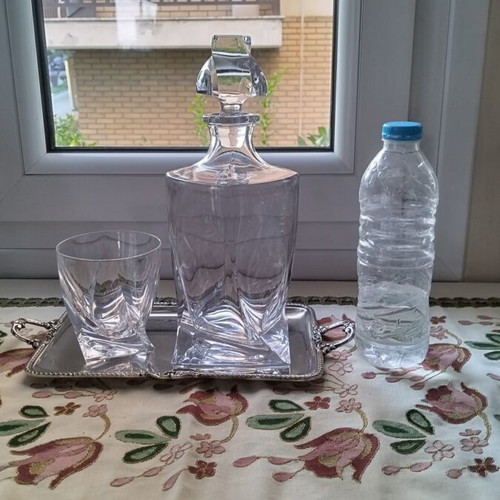 Bohemia Quadro whiskey set with decanter, glass and silver-plated tray