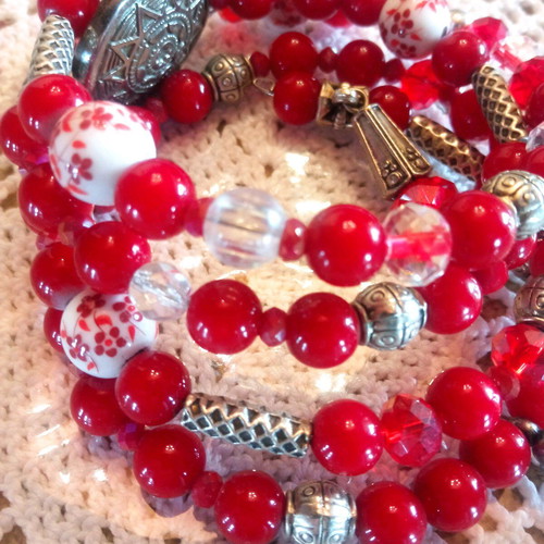 Handmade bracelet with red beads and multiple strands, new