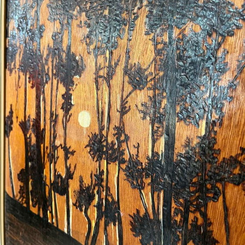 Vintage pyrography wall art with forest scene and artist signature 57x72