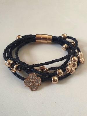 Black braided bracelet with gold beads and crystal clover like new