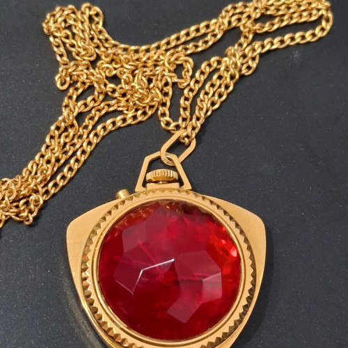 Vintage Russian necklace watch with ruby red faceted stone triangle like new