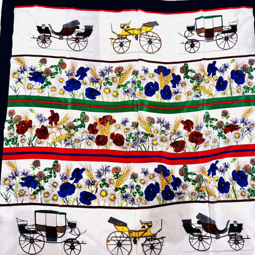 Mantero vintage silk scarf with antique carriages and colorful floral motifs