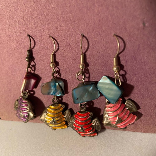 Fish earrings new, silver plated with stone, 2 pairs