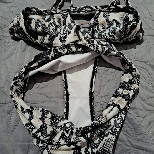Bikini set high-waisted snake skin used, Push Up, black and beige
