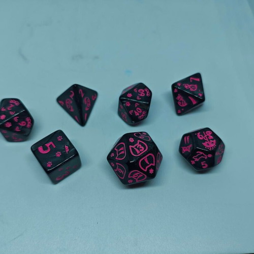 RPG Cat Lovers dice set like new, black and neon pink