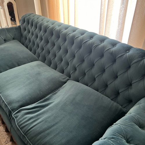 Vintage Spanish Chesterfield sofa set 3+2+armchair used, velvet petrol