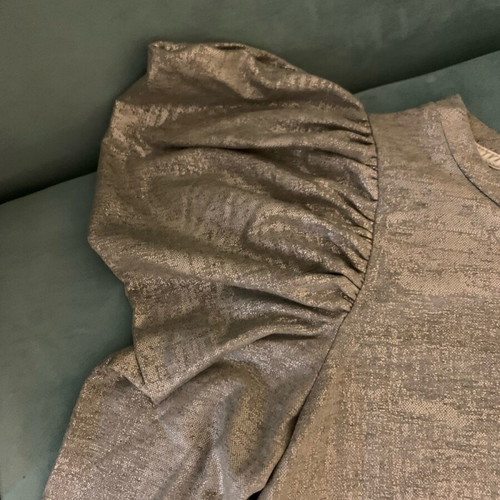 Imperial silver blouse thin with ruffles on shoulders like new, size S/M