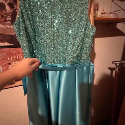 Shine long turquoise dress like new with sequins and belt