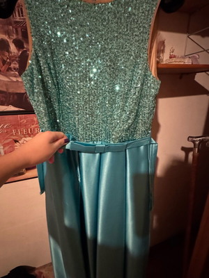 Shine long turquoise dress like new with sequins and belt