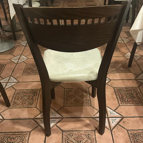 Wooden chair used with beige leather seat dark brown