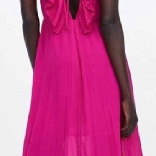 zara pink pleated dress Zara ruffle maxi dress fuchsia pink plunge pleated small