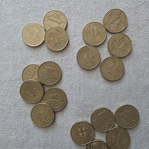 50 Drachma Coins Used, Pack of 18 with Triheir and Parliament Designs