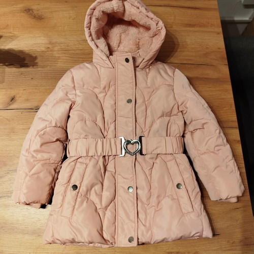 Primark Girls' Pink Winter Jacket with Hood and Heart Belt Size 3-4 Years
