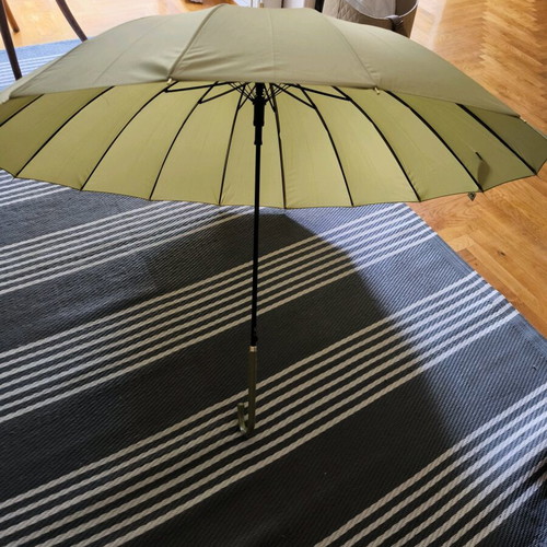 Windproof umbrella with 16 ribs, curved bone handle, automatic, green, new
