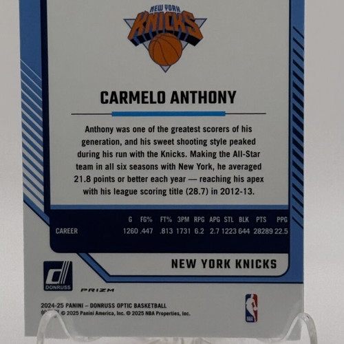 Donruss Optic Carmelo Anthony #250 Legends Pink Hyper Prizm card like new