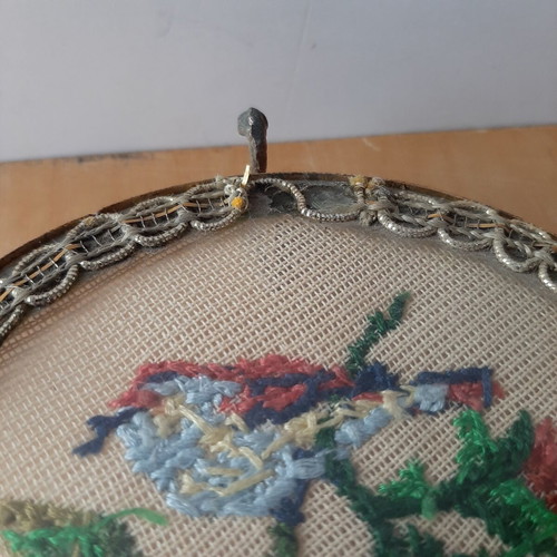 Decorative plate with embroidery and swan feet used, 1950s vintage