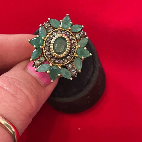 Ring 9K gold and 925 silver with diamonds and emeralds used, size 57