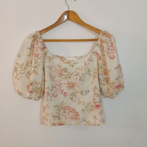 H&M floral linen blouse with puff sleeves, like new, size 38