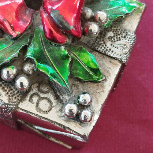 Decorative silver-plated box with red enamel flower and green leaves new