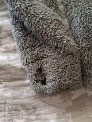 Fuzzy gray cardigan used, size S with thumb holes on sleeves