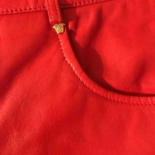 Versace Jeans Couture red leather pants with Medusa embossing, size 31