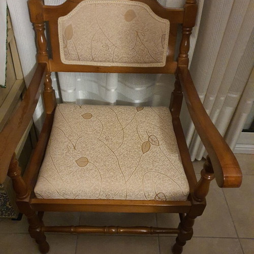 Wooden vintage armchairs used, set of two with upholstery