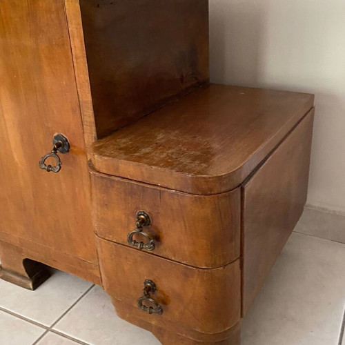 Vintage wooden Art Deco nightstand used with cabinet and 2 drawers
