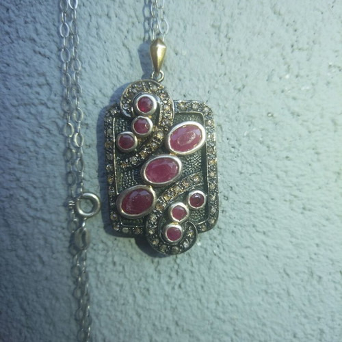 Handmade pendant silver and gold with natural rubies and diamonds like new