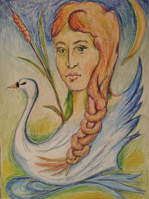 Leda and the Swan mixed media on cardboard like new